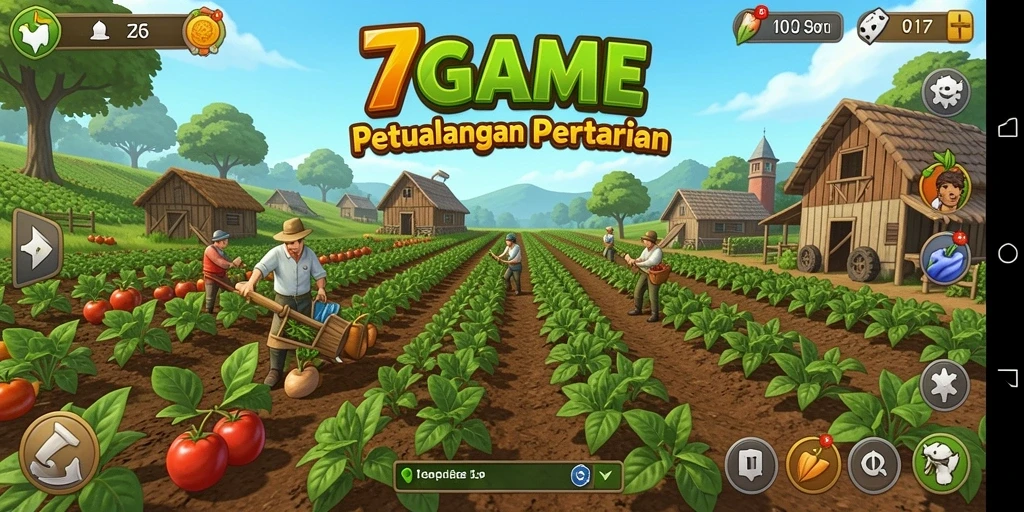 Screenshot utama 7GAME menampilkan lahan pertanian yang subur dan tanaman yang sedang tumbuh.