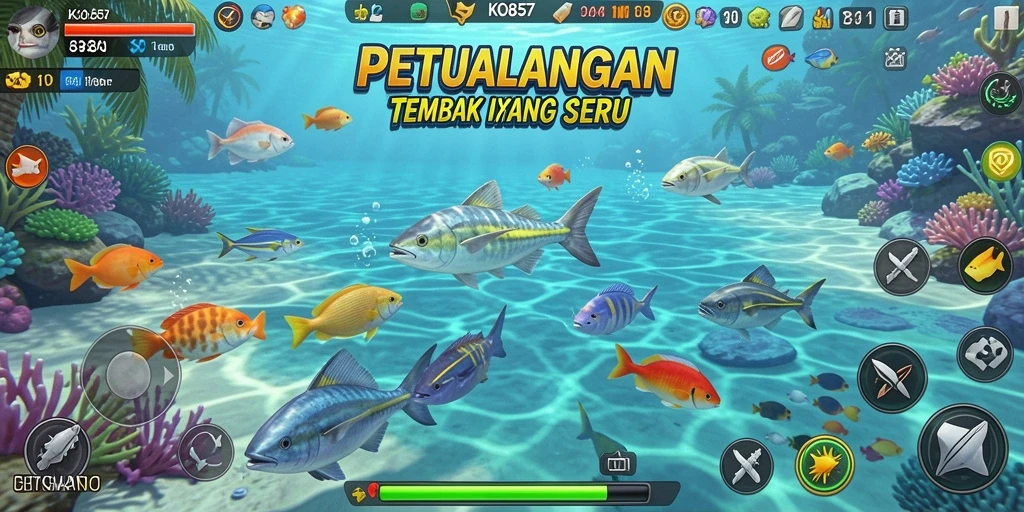 Tangkapan layar menampilkan gameplay seru di KO857 dengan berbagai ikan berwarna-warni.
