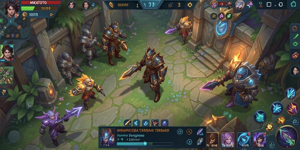 Screenshot MIKATOTO menampilkan aksi pertempuran MOBA yang seru.