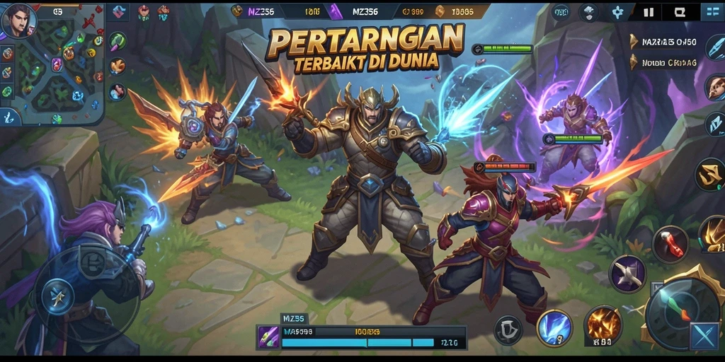 Tangkapan layar gameplay epik MZ356 dengan pertarungan MOBA yang intens.