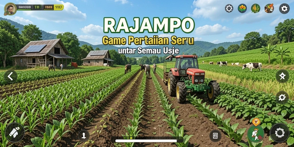 Screenshot gameplay dari RAJAMPO menampilkan lahan pertanian yang subur dan beragam tanaman.