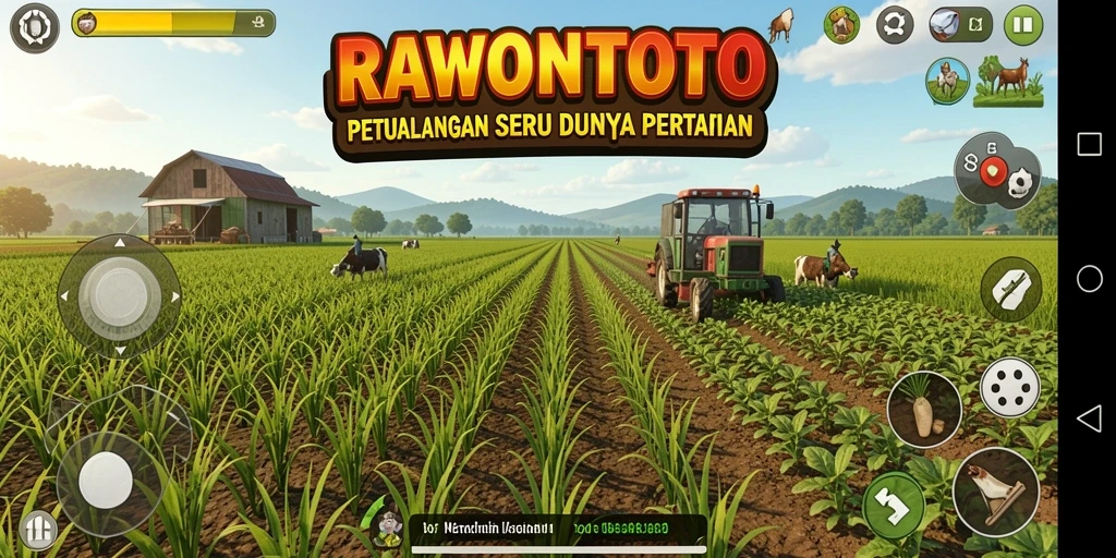 Tampilan gameplay RAWONTOTO menunjukkan petualangan bertani yang seru.